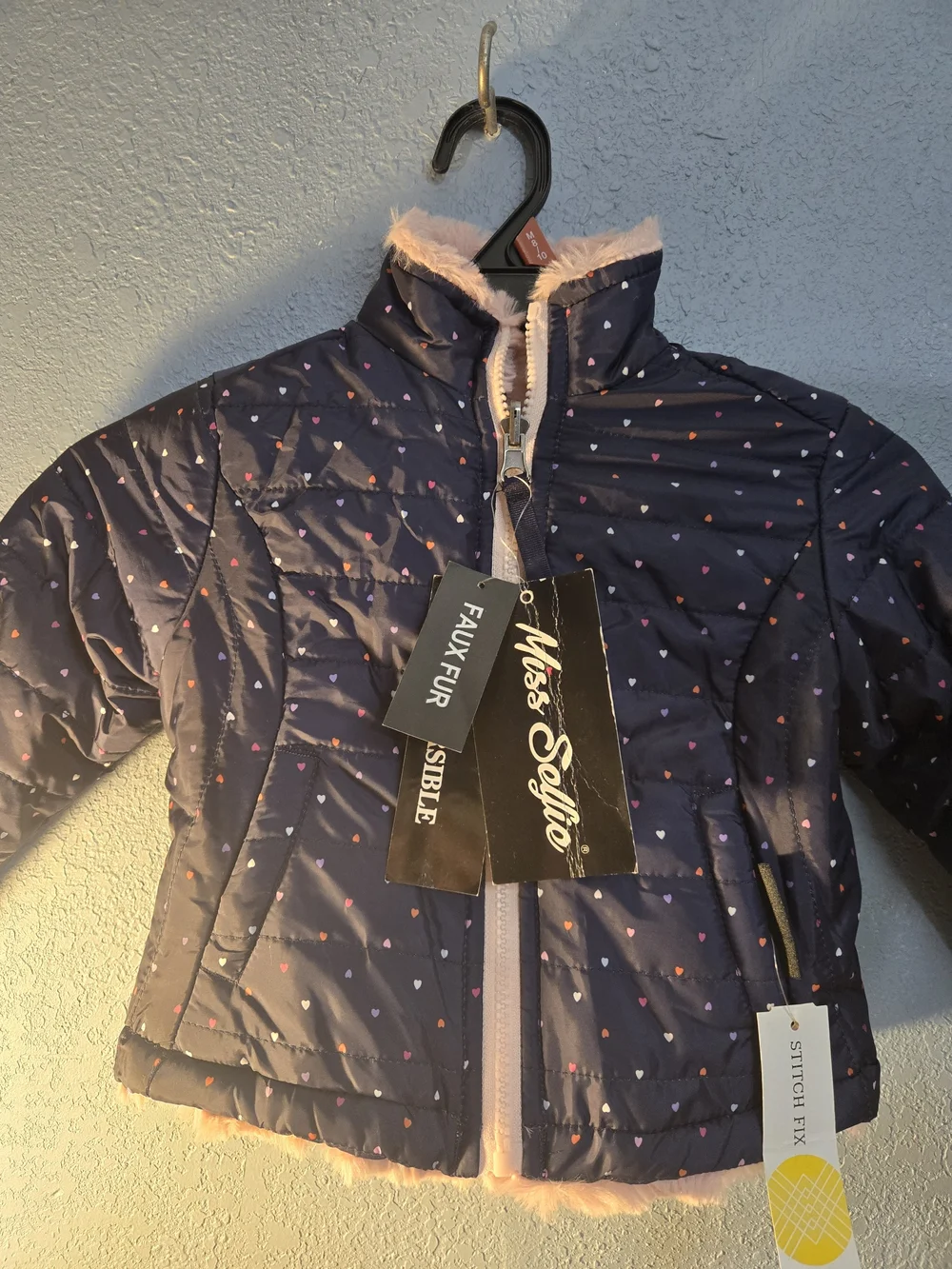 Miss Sofia Navy Heart Print Puffer Jacket with Pink Faux Fur